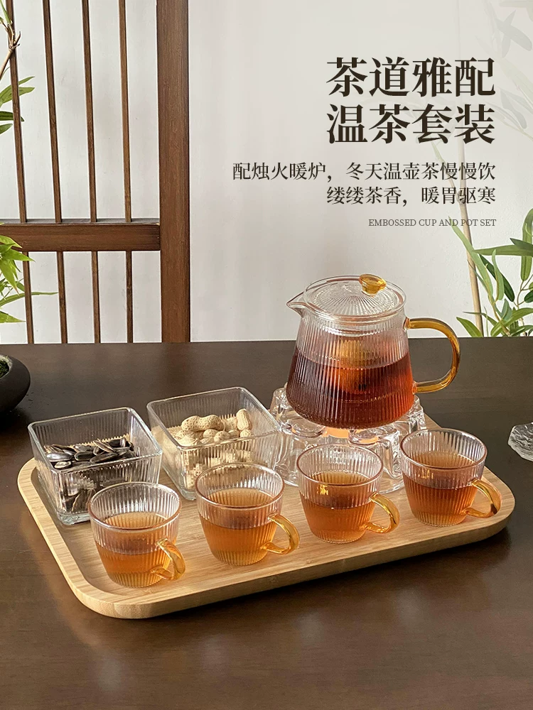 Ấm trà thủy tinh dùng trong gia đình, ấm trà hoa đun bằng nến, tách trà và nước, cốc trà chịu nhiệt độ cao, bộ ấm trà.