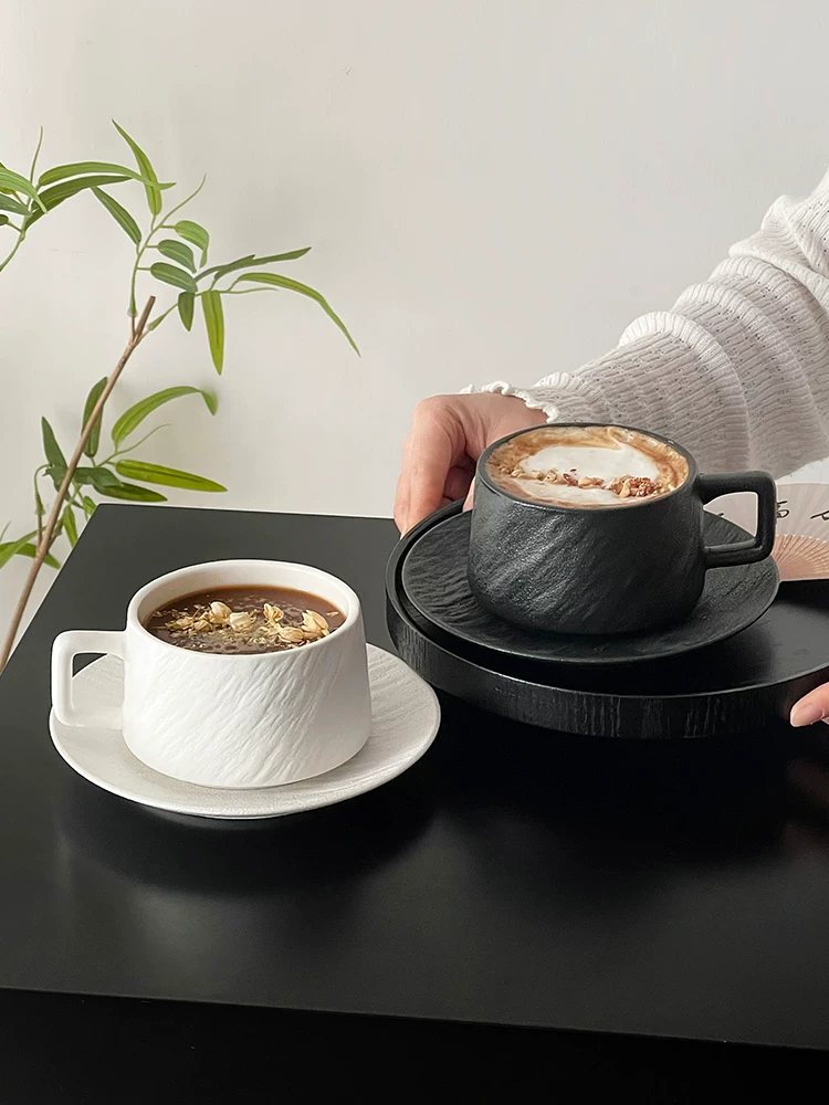 Cốc cà phê gốm sứ họa tiết đá cổ điển đơn giản với thiết kế độc đáo, bộ cốc và đĩa màu trơn độc đáo, cốc nghệ thuật latte, cốc latte, cốc nước.
