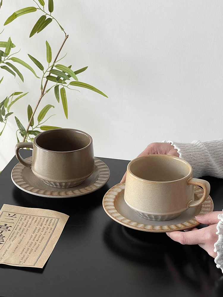 Bộ cốc cà phê và đĩa sứ phong cách retro Nhật Bản, cốc sáng tạo, cốc latte, cốc nghệ thuật latte, cốc trà cổ điển, cốc nước.