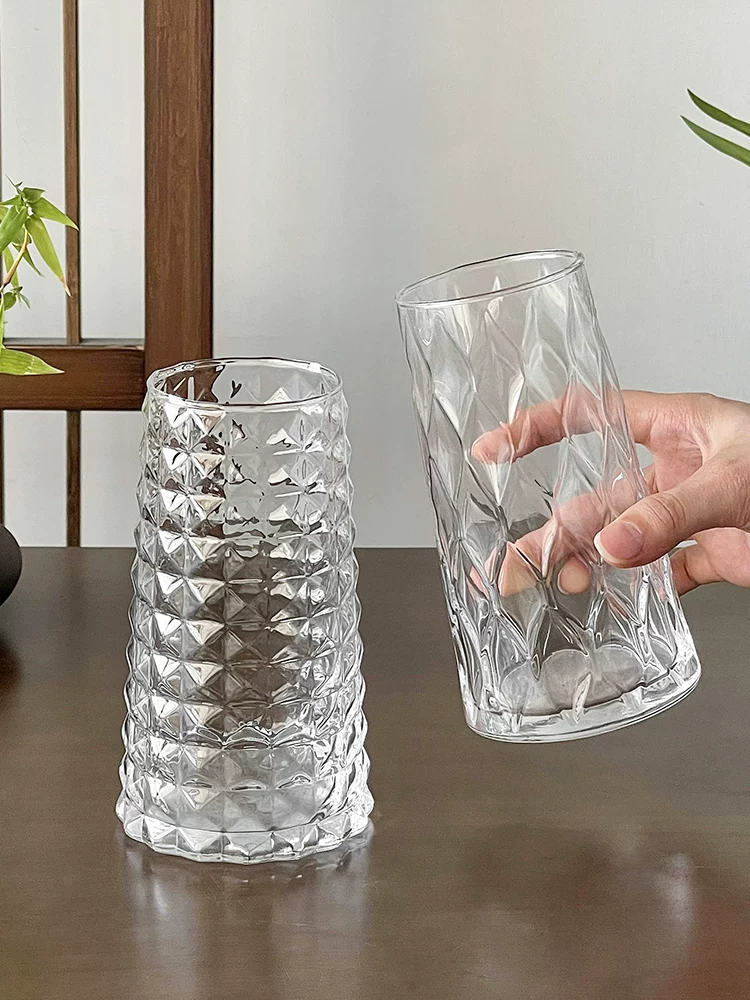 Ly thủy tinh họa tiết kim cương dùng trong gia đình, ly trà trái cây thời thượng, ly đựng đồ uống lạnh, ly nước có ga thẩm mỹ cao, ly đựng đồ uống.