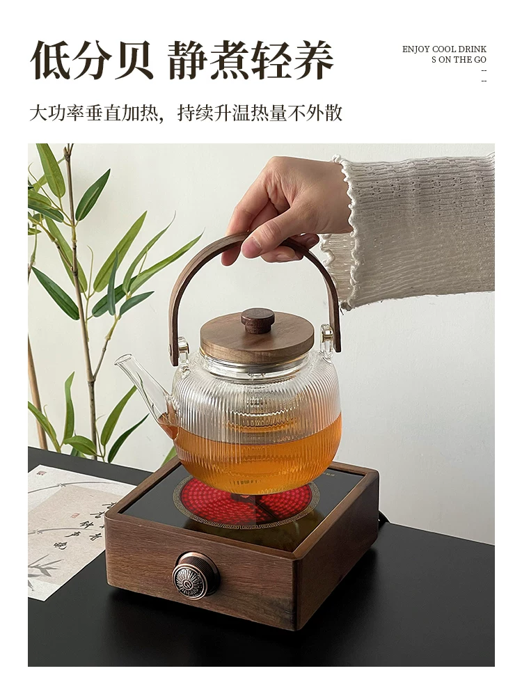 Ấm trà thủy tinh kiểu Trung Quốc, ấm đun nước chịu nhiệt độ cao, ấm trà có tay cầm, dụng cụ pha trà, bếp gốm điện bằng gỗ óc chó, bộ ấm trà.
