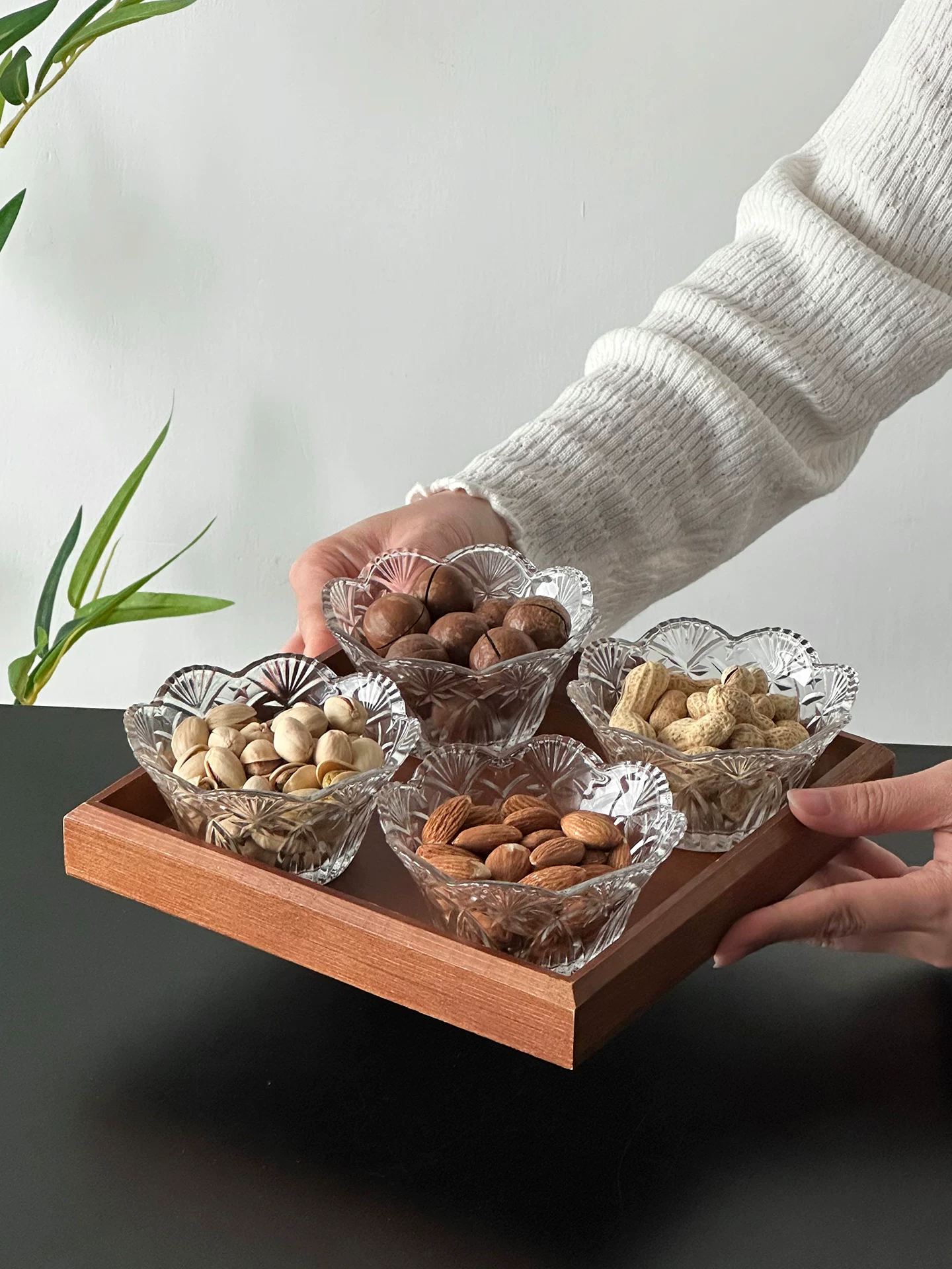 Bát thủy tinh cao cấp kiểu Trung Quốc có ngăn đựng trái cây khô, khay đựng đồ ăn nhẹ cho bàn cà phê, đĩa đựng tráng miệng, khay đựng hạt cao cấp.