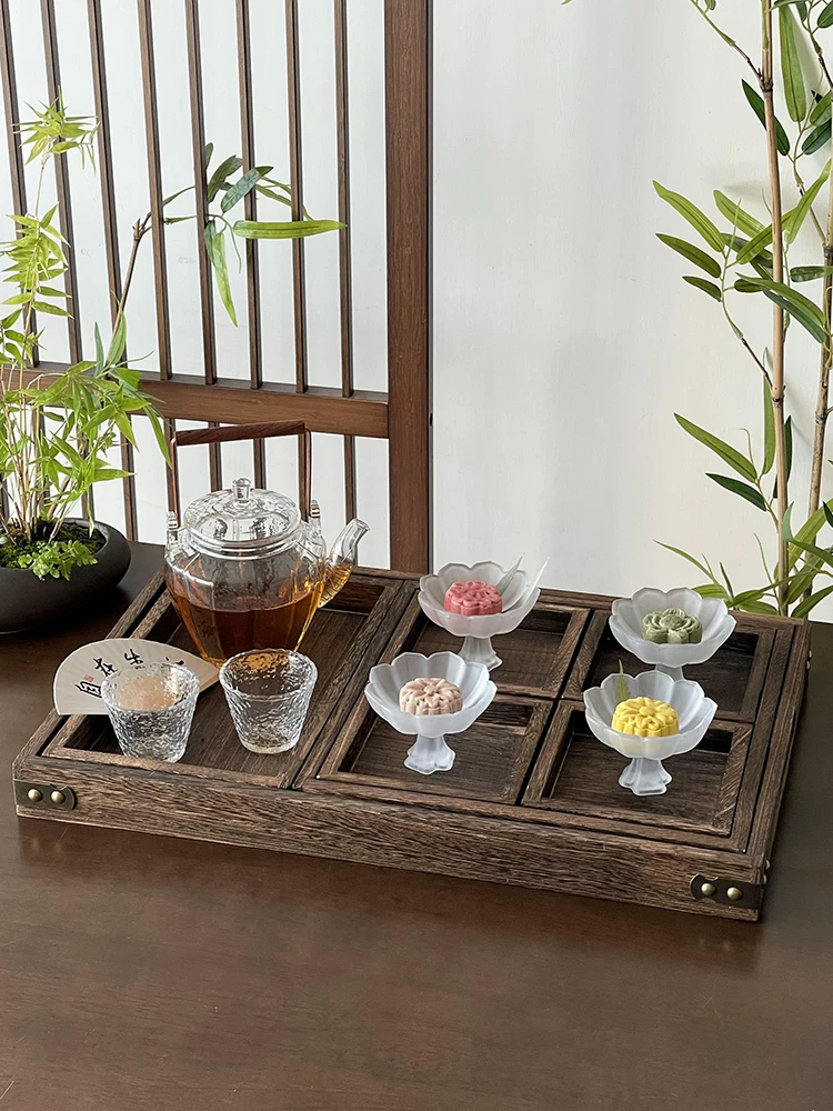 Khay trà cao kiểu Trung Quốc, khay bánh ngọt thủy tinh mờ họa tiết sen, khay đựng đồ ăn nhẹ buổi chiều, khay tinh xảo, đĩa nhỏ đựng tráng miệng.
