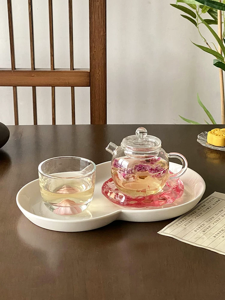 Bộ ấm trà Kung Fu màu hồng, chất liệu thủy tinh borosilicate cao cấp, ấm trà nhỏ, tách trà và đĩa lót, tách trà dùng cho một người, tách nếm trà.