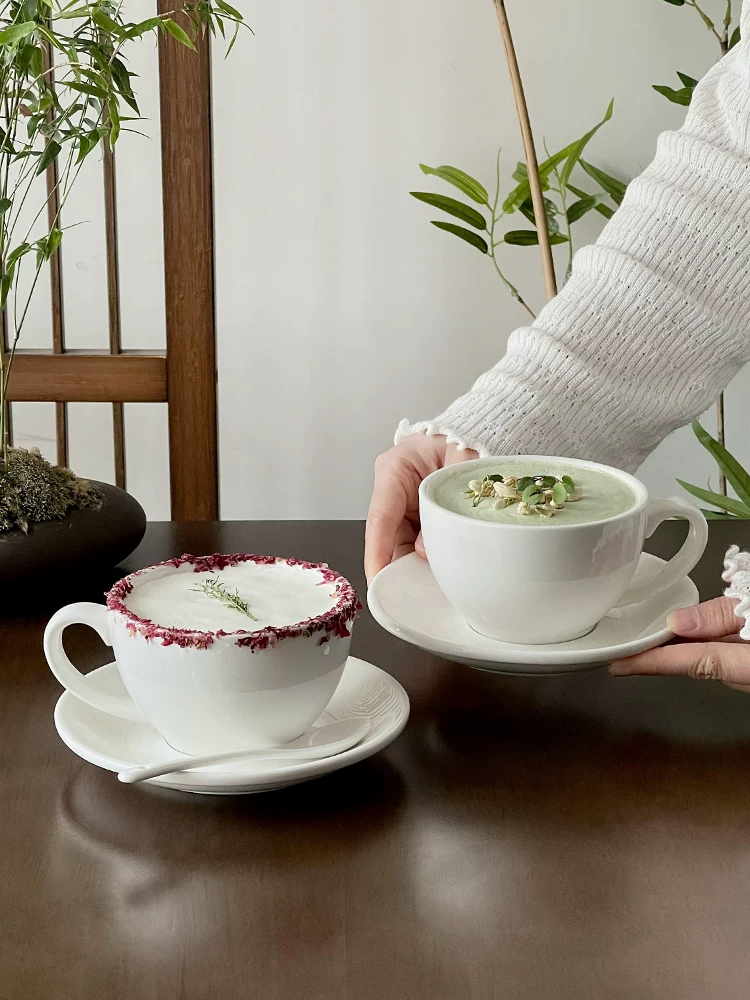 Bộ tách trà chiều bằng sứ, tách cà phê trắng tinh khiết đơn giản, tách cà phê latte, tách cappuccino latte art, cốc, bộ đồ uống trà chiều.