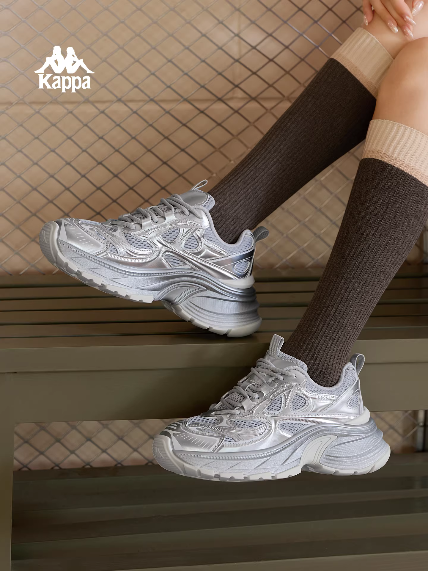 Giày bố đế dày Kappa bạc dành cho nữ mùa đông 2025, kiểu retro mới, giày thể thao thời trang đế mềm