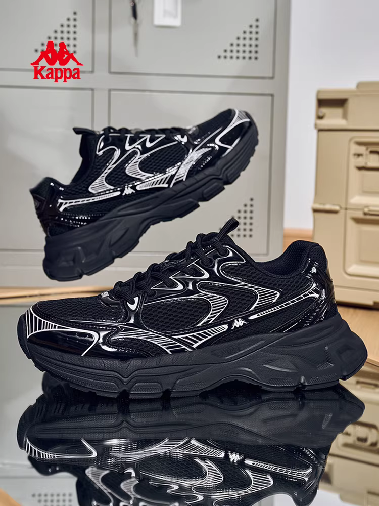 Giày thể thao nam Kappa màu đen, giày nam mùa đông 2025, giày bố thời trang, giày chạy bộ tăng chiều cao