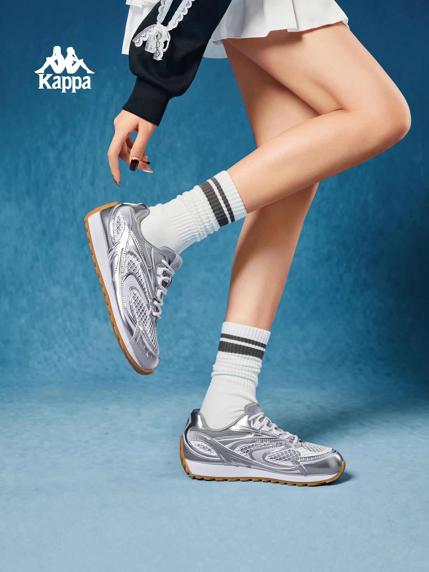 Giày thể thao nữ Kappa màu bạc, mẫu mới 2025, nhẹ, đế mềm, kiểu retro, giày chạy bộ phổ biến, đa năng, giày thường ngày
