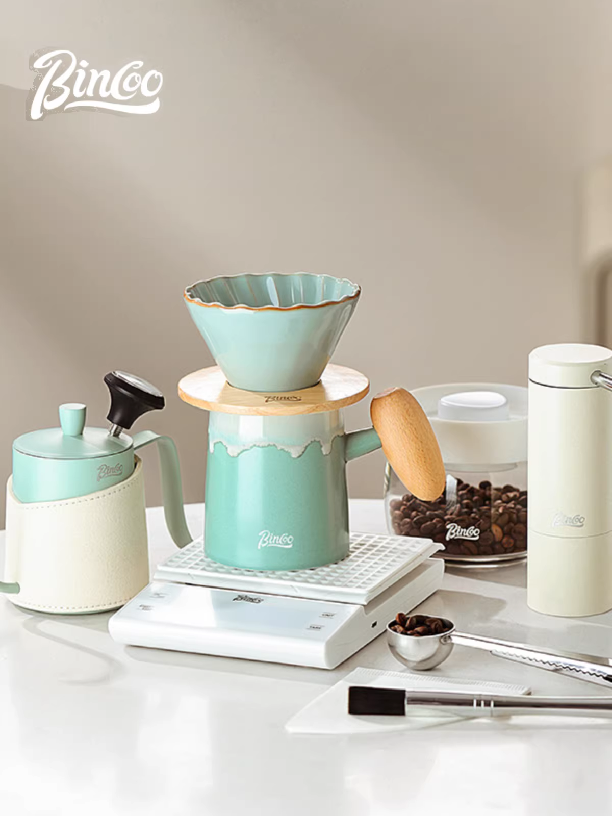 Bộ pha cà phê bằng gốm Bincoo với bộ lọc và bình chia sẻ, bộ dụng cụ pha cà phê hoàn chỉnh để sử dụng tại nhà với máy xay cầm tay