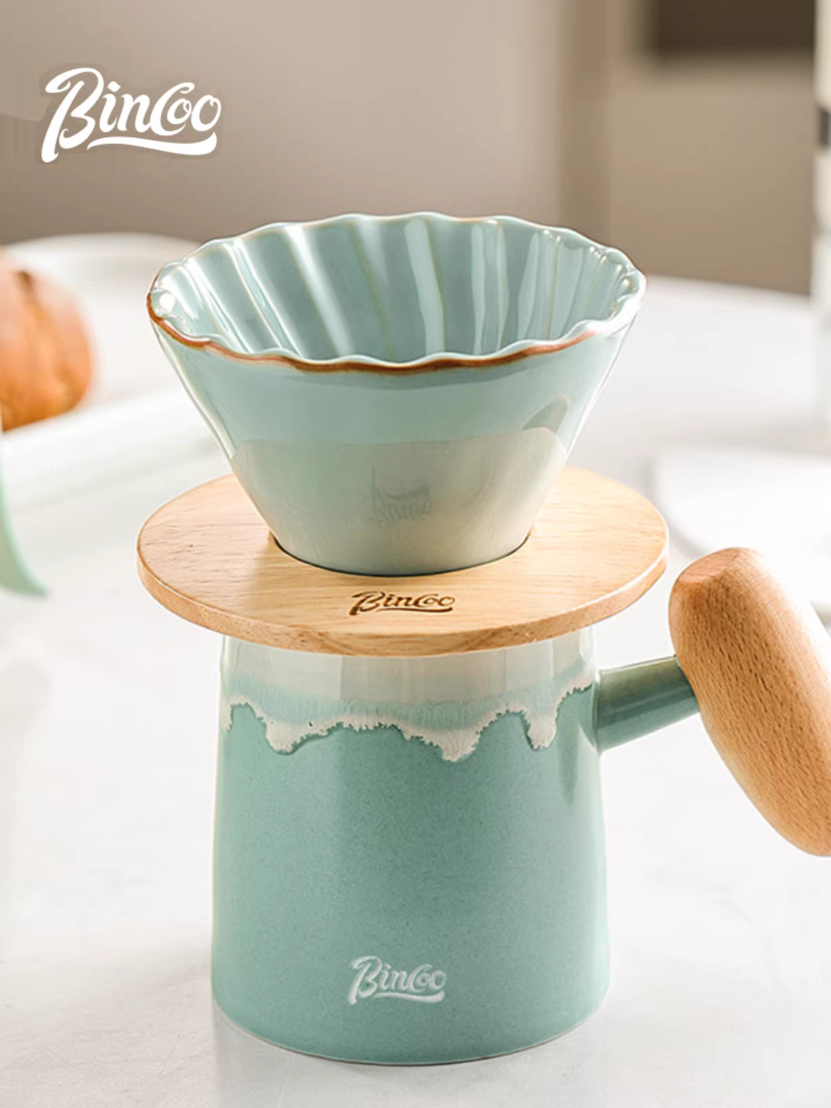 Bộ pha cà phê bằng gốm Bincoo với bộ lọc và bình chia sẻ, bộ dụng cụ pha cà phê hoàn chỉnh để sử dụng tại nhà với máy xay cầm tay