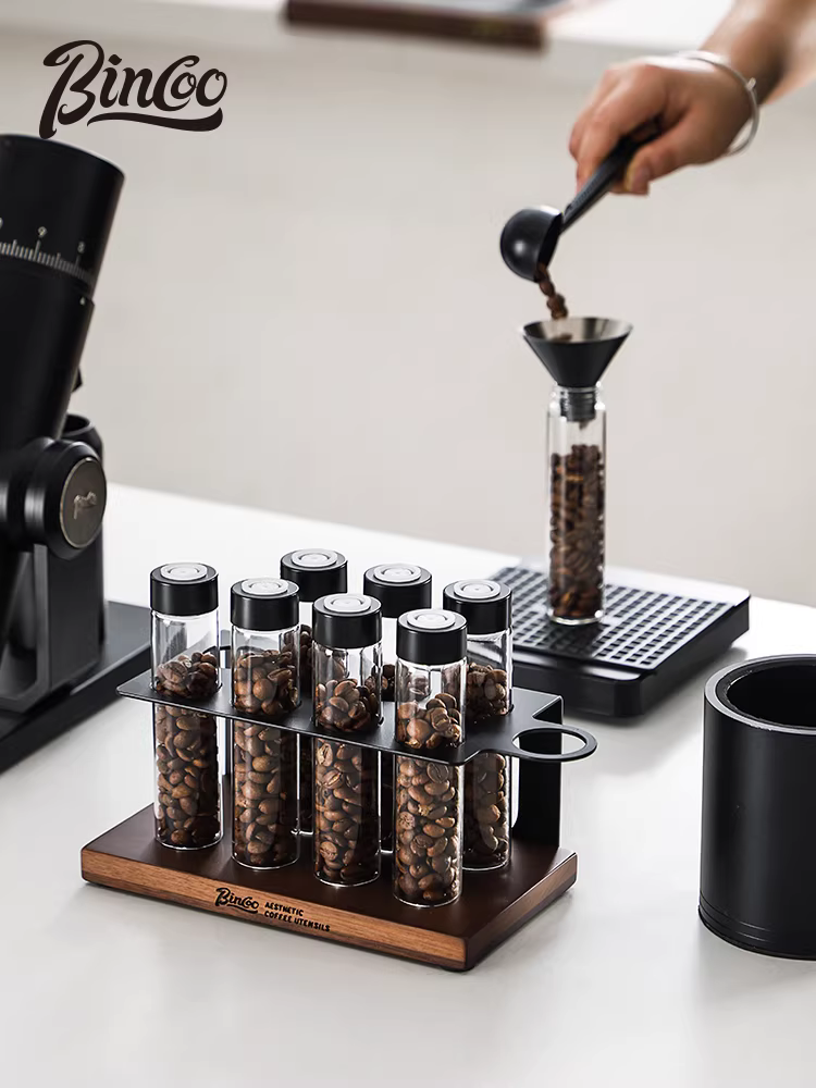 Giá để trưng bày cà phê hạt Bincoo dạng ống kín, chất liệu kính, di động, có van xả một chiều, chai đựng hương thơm