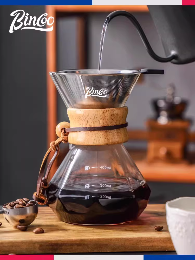Bình pha cà phê thủ công Bincoo, bình pha cà phê thủy tinh nhỏ hình eo dùng trong gia đình với phễu lọc và cốc lọc bằng thép không gỉ.