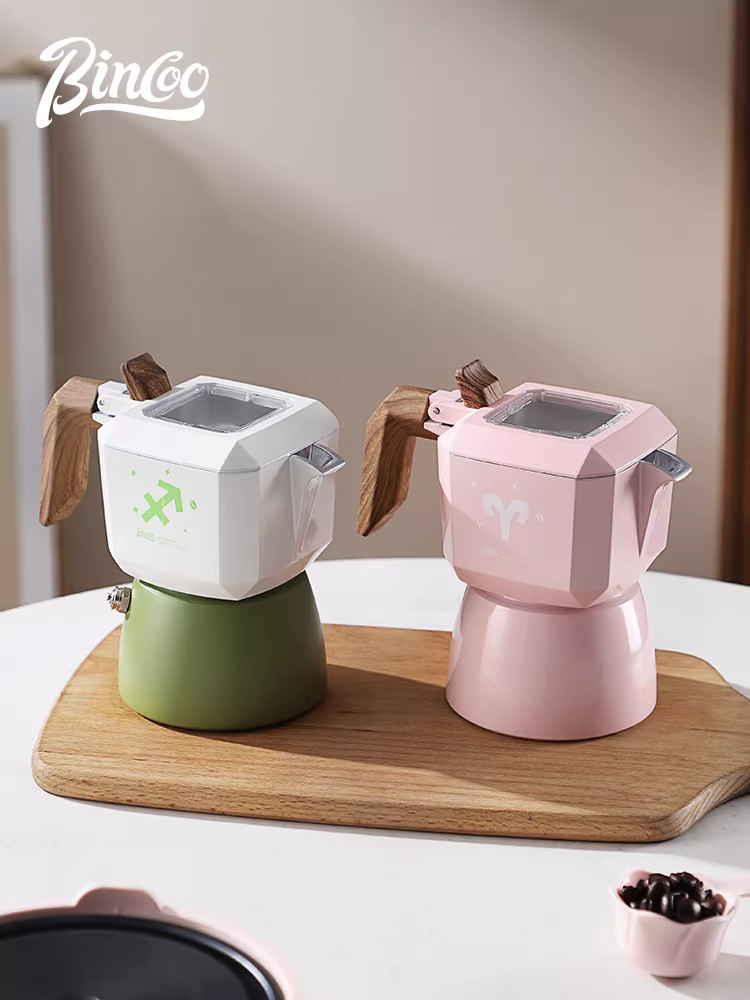 Máy pha cà phê moka điện Bincoo hai van, nhỏ gọn, di động, sử dụng tay quay, dành cho gia đình.