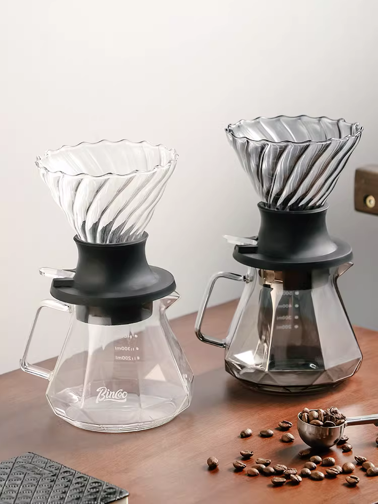 Bộ lọc pha cà phê thủ công thông minh Bincoo Hand Brew Smart Cup Sharing Pot Set V60, kiểu ren xoắn ốc, cốc lọc thủy tinh