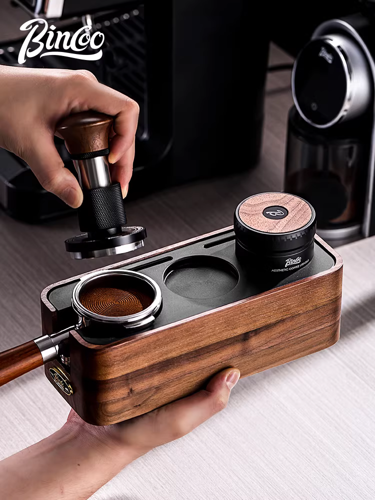 Bộ dụng cụ pha cà phê Bincoo bằng gỗ óc chó, gồm đế, dụng cụ phân phối cà phê, dụng cụ đập cà phê, kiểu Ý, đầy đủ phụ kiện kèm hộp đựng