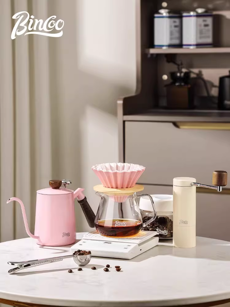 Bình pha cà phê thủ công màu hồng Bincoo, bộ dụng cụ pha cà phê gia đình, cốc lọc, máy xay cà phê