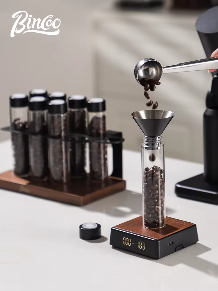 Hộp đựng cà phê Bincoo, có nắp đậy kín, giá để trưng bày, bình chứa có van xả một chiều, chai chiết rót di động, chai giữ mùi thơm