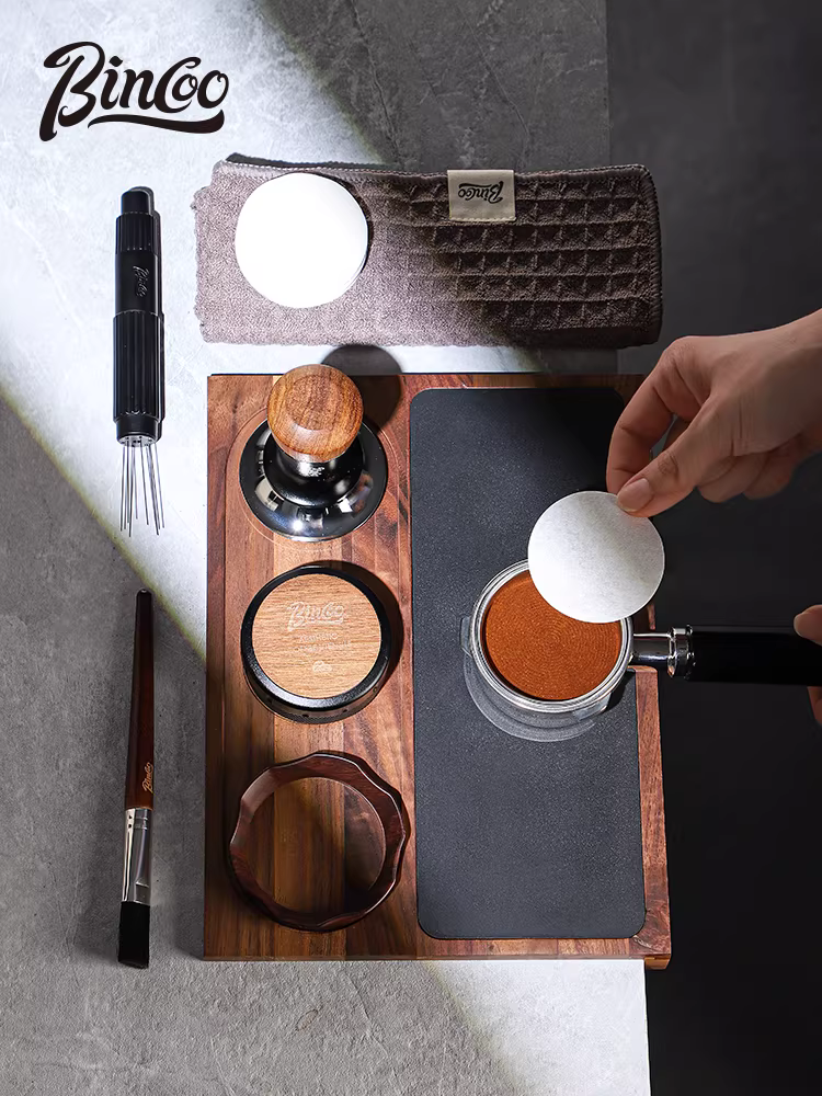 Bộ dụng cụ phân phối bột tamper kiểu Ý Bincoo, kèm tấm lót làm bằng gỗ óc chó, kích thước đa năng 51/58mm