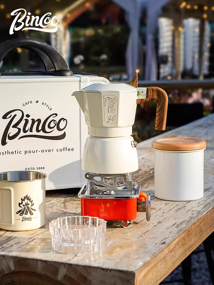 Bộ pha cà phê Moka Bincoo hai van, dùng ngoài trời, bộ dụng cụ pha cà phê kiểu Ý di động, kèm túi đựng