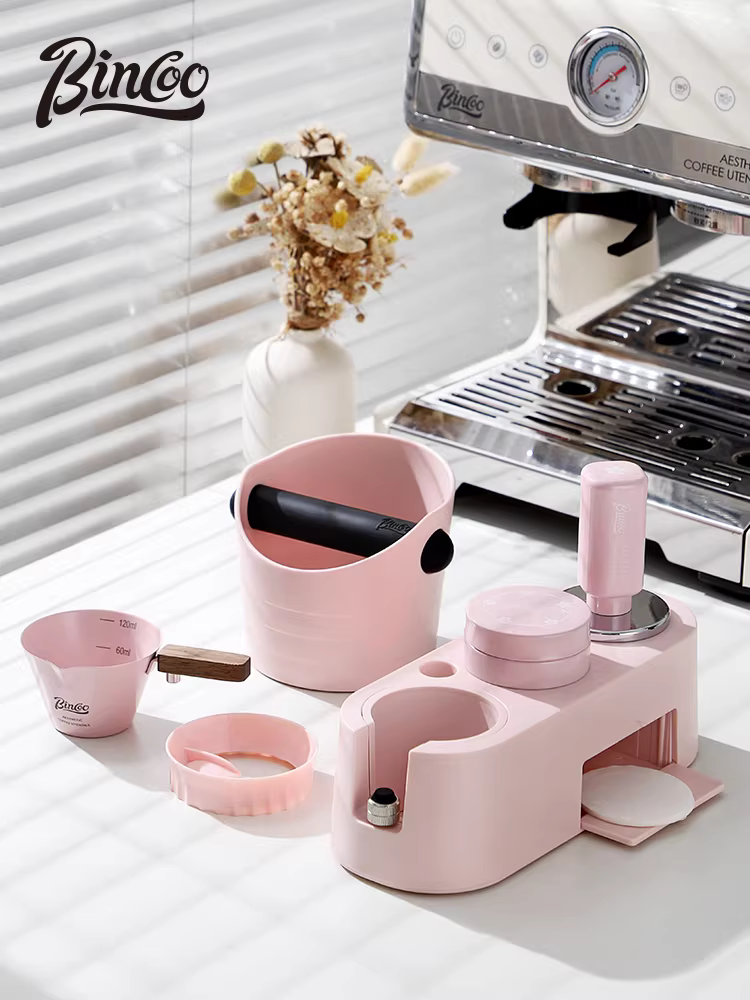 Bộ dụng cụ pha cà phê Bincoo màu hồng có đế, hộp đựng đa năng, dụng cụ pha cà phê 51/58mm
