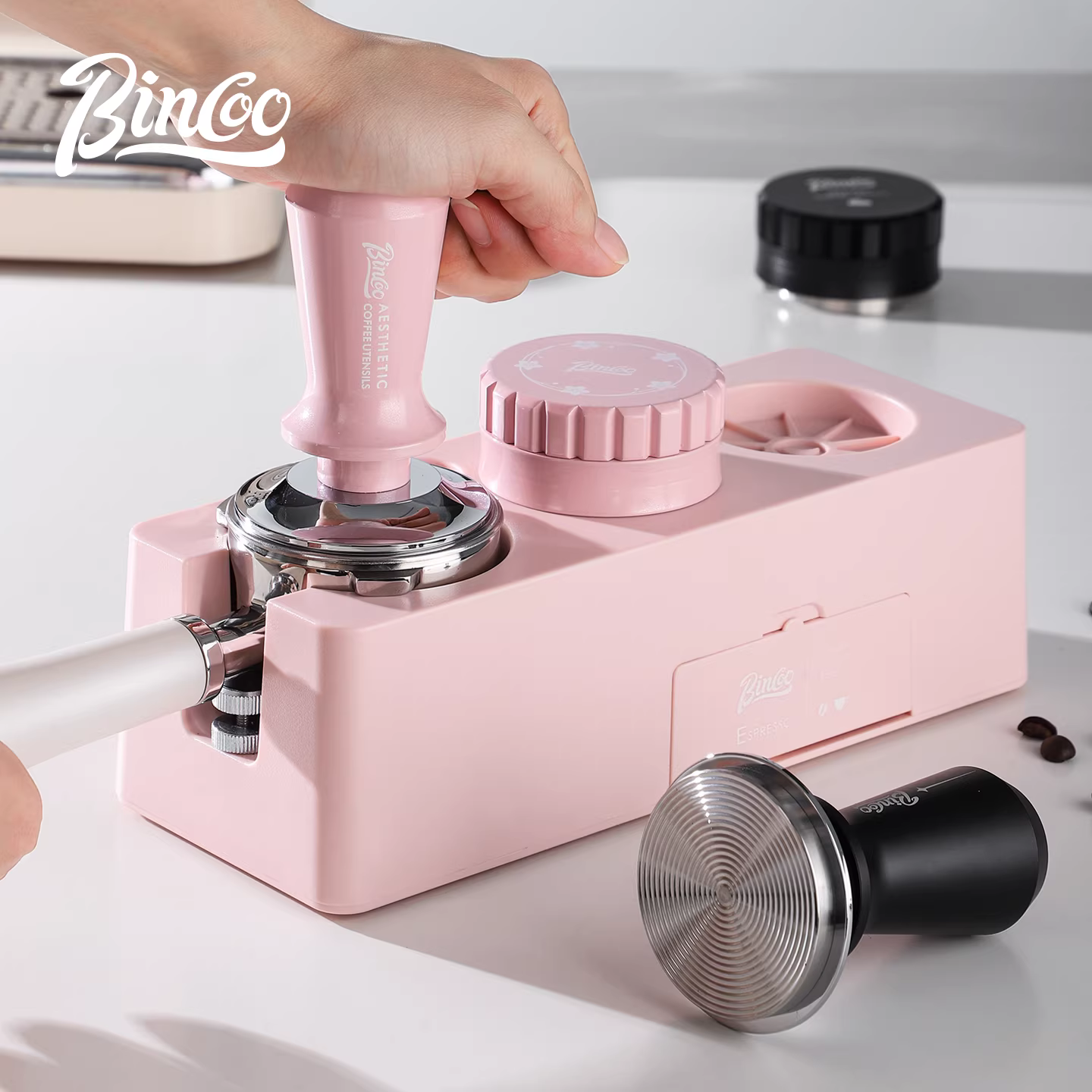 Bộ dụng cụ tamper cà phê Bincoo kiểu Ý, đàn hồi, đa năng, kích thước 51/58mm, kèm đế máy pha cà phê, bộ ba món