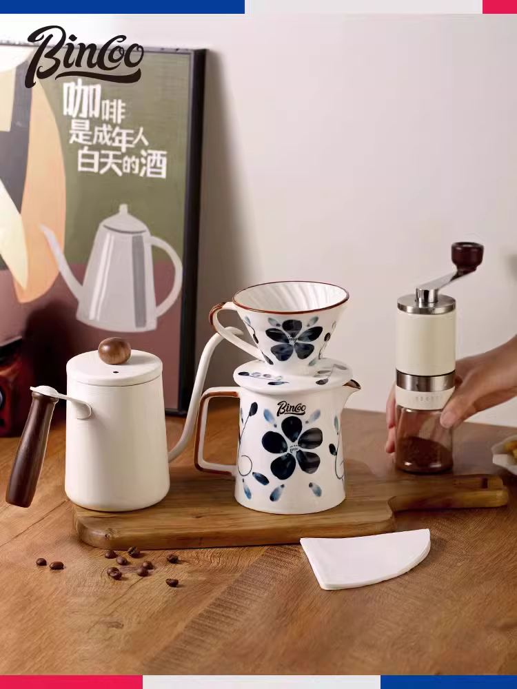 Bộ ấm pha cà phê sứ xanh trắng Bincoo vẽ tay v60, bộ lọc cà phê gốm sứ sáng tạo kiểu Nhật dùng trong nhà