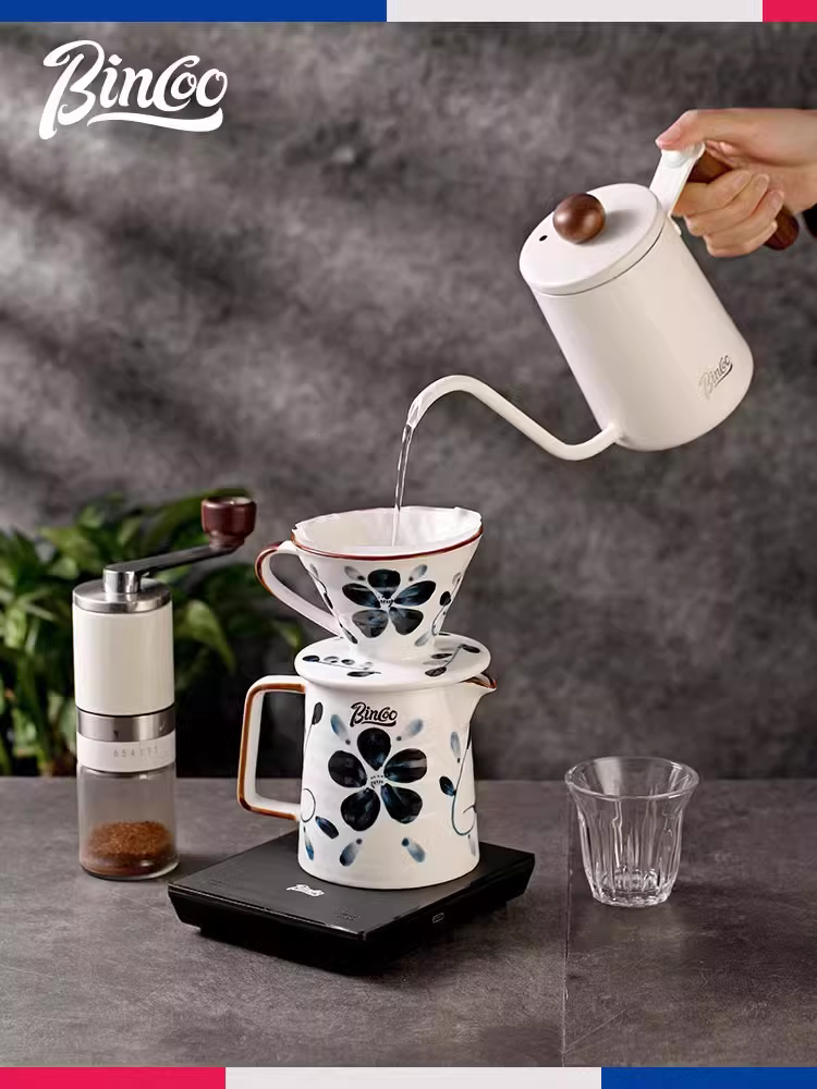 Bộ ấm pha cà phê sứ xanh trắng Bincoo vẽ tay v60, bộ lọc cà phê gốm sứ sáng tạo kiểu Nhật dùng trong nhà