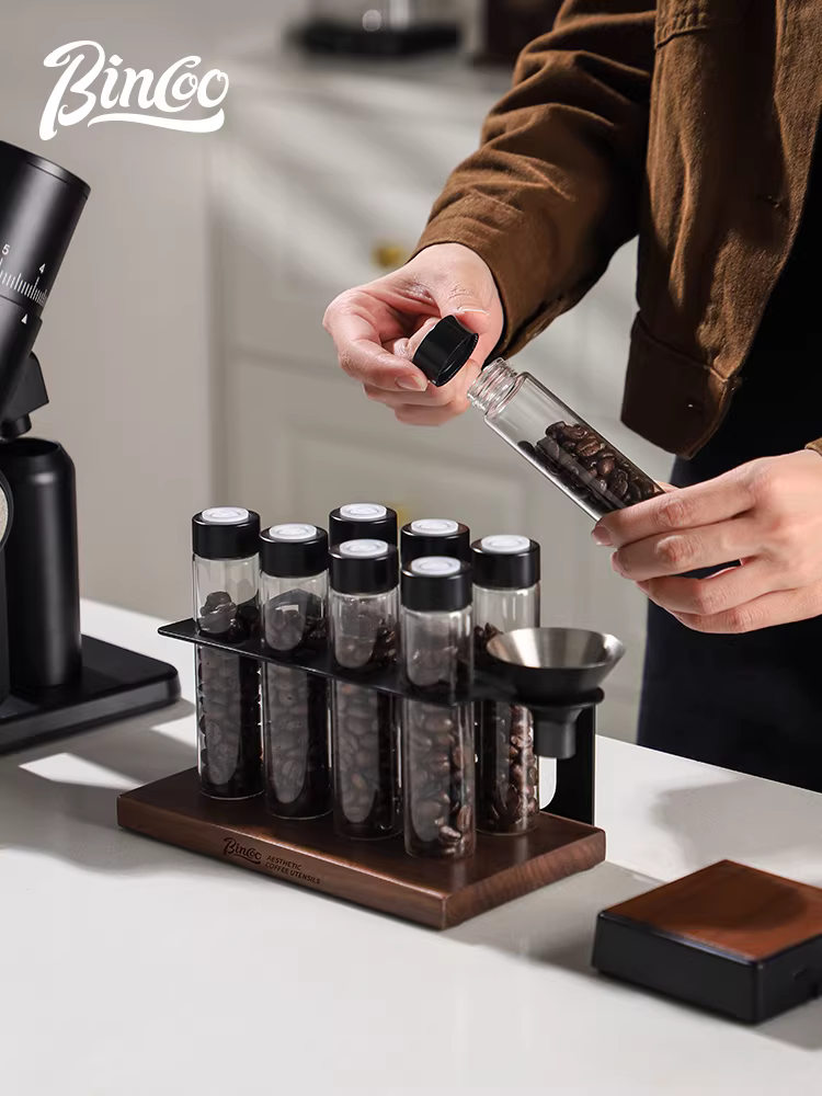 Hộp đựng cà phê Bincoo, có nắp đậy kín, giá để trưng bày, bình chứa có van xả một chiều, chai chiết rót di động, chai giữ mùi thơm