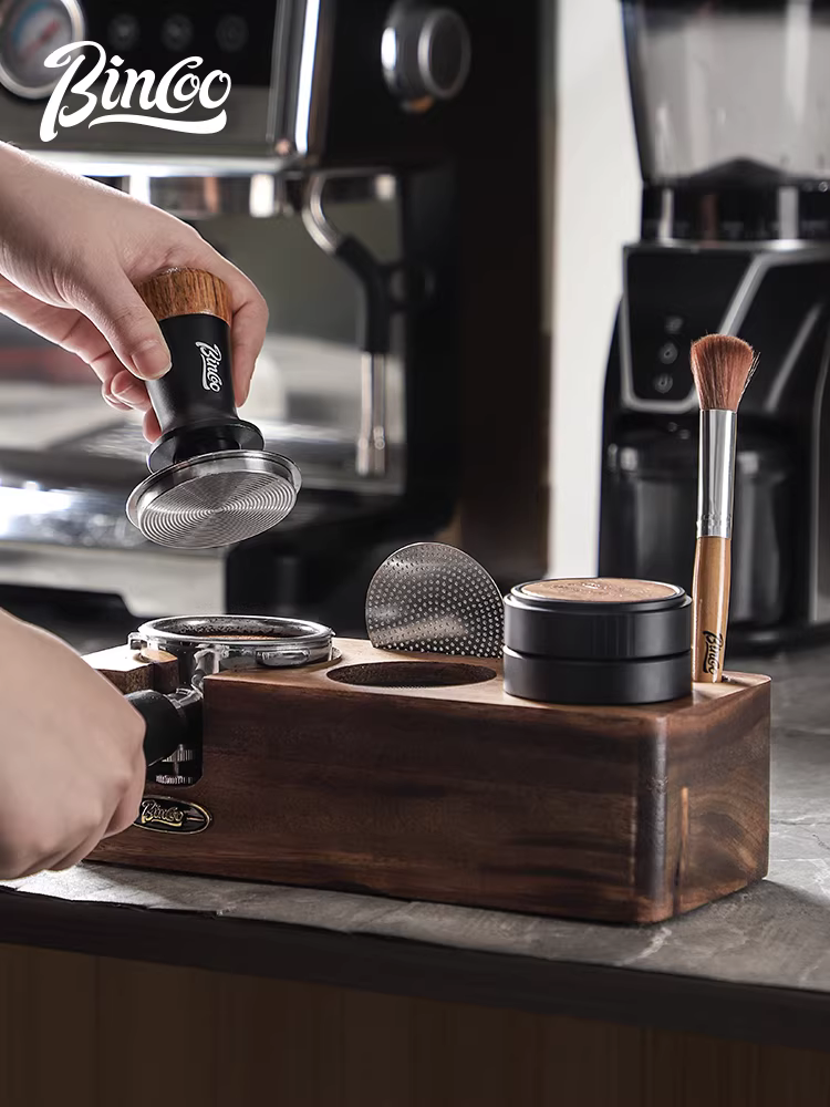 Bộ đế và dụng cụ phân phối cà phê bằng gỗ nguyên khối Bincoo 51/58mm, phụ kiện máy pha cà phê espresso, hộp đựng