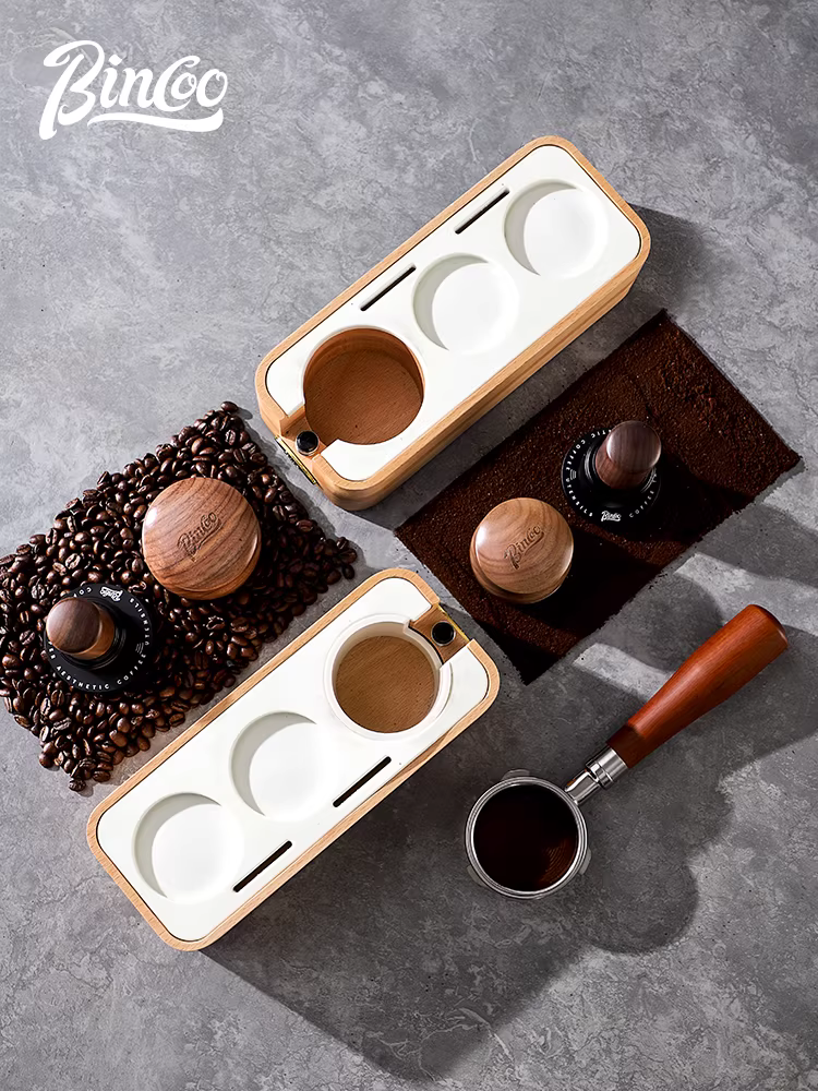 Bộ dụng cụ đế đỡ tamper cà phê Bincoo bằng gỗ nguyên khối, phụ kiện máy pha cà phê espresso, tay cầm, đế đổ đầy