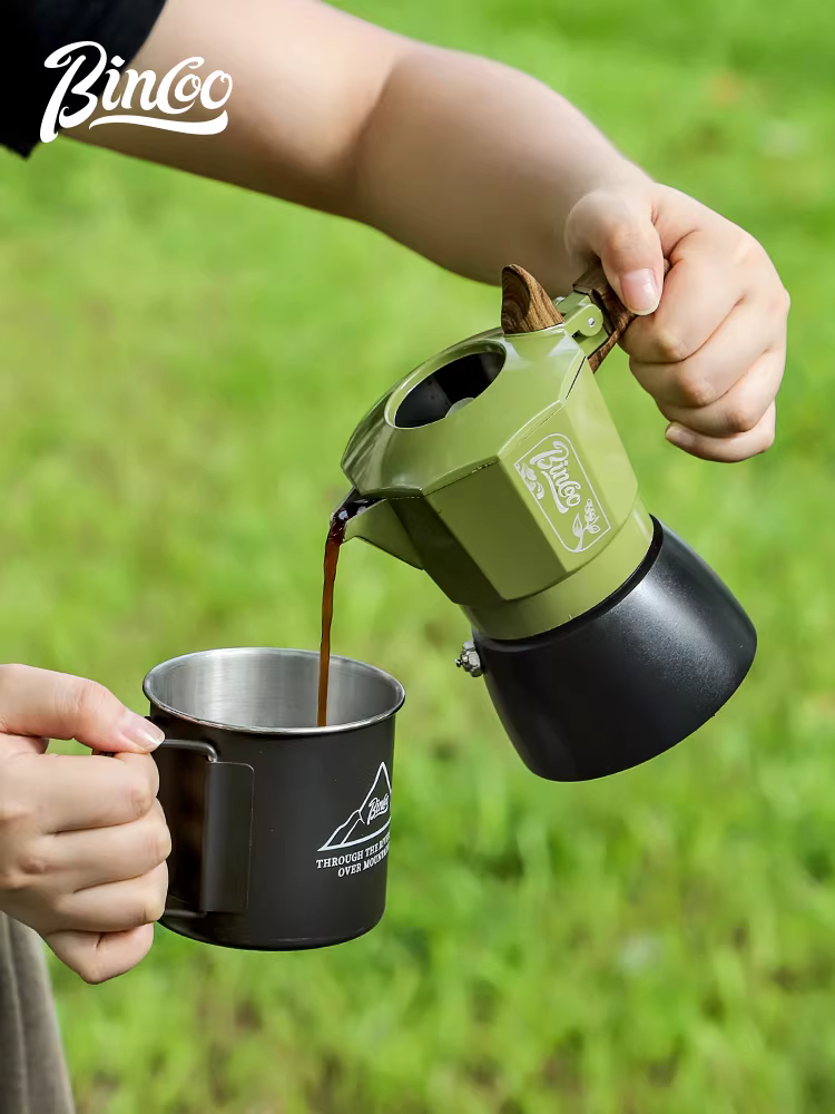 Bộ dụng cụ pha cà phê du lịch ngoài trời Bincoo, ấm pha cà phê moka hai van, thiết bị pha cà phê cắm trại, bộ pha cà phê di động đầy đủ