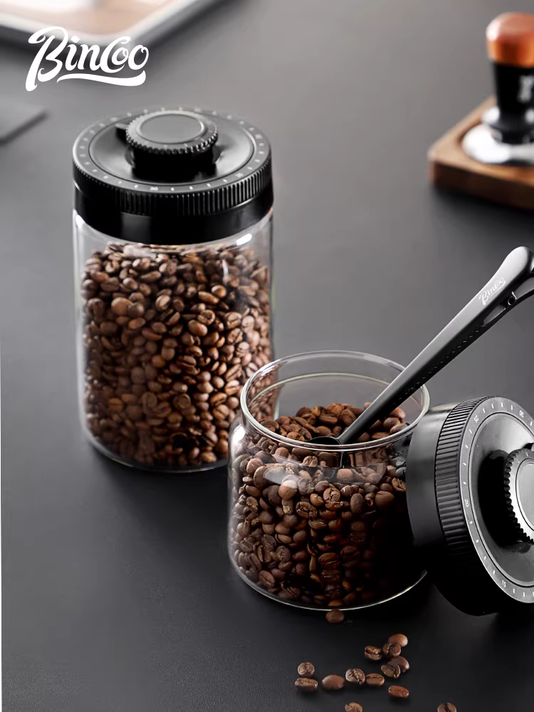 Hũ đựng cà phê Bincoo, chất liệu thủy tinh cấp thực phẩm, nắp gỗ kín hơi, hũ đựng cà phê đặc biệt, hũ đựng hạt cà phê