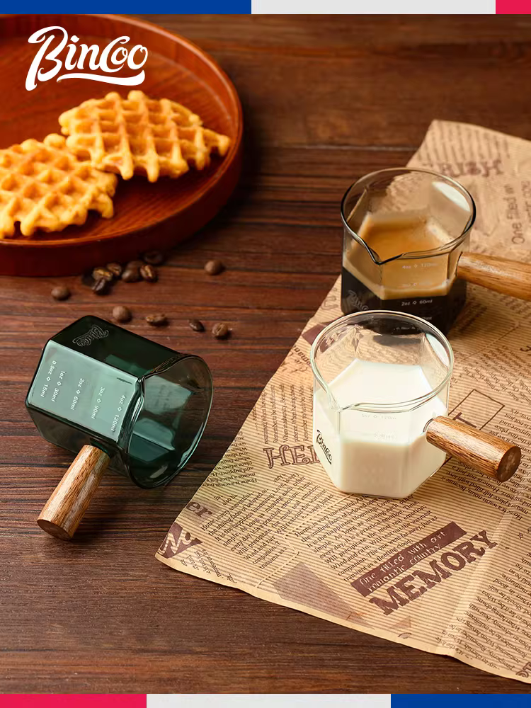 Ly cà phê Bincoo có vạch chia, cốc đo cà phê espresso, tay cầm bằng gỗ, bình sữa, cốc ounce