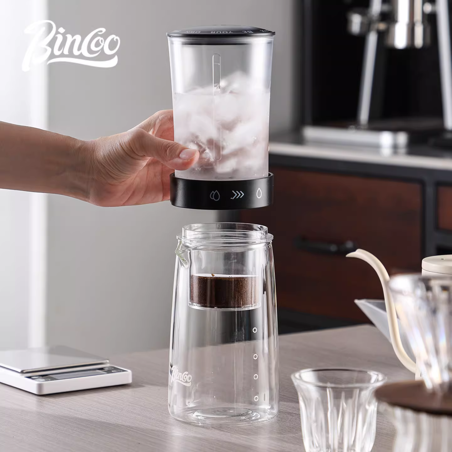 Máy pha cà phê nhỏ giọt Bincoo, bình nhỏ giọt bằng thủy tinh dùng cho gia đình, máy pha cà phê đá thủ công, bình pha cà phê lạnh di động.