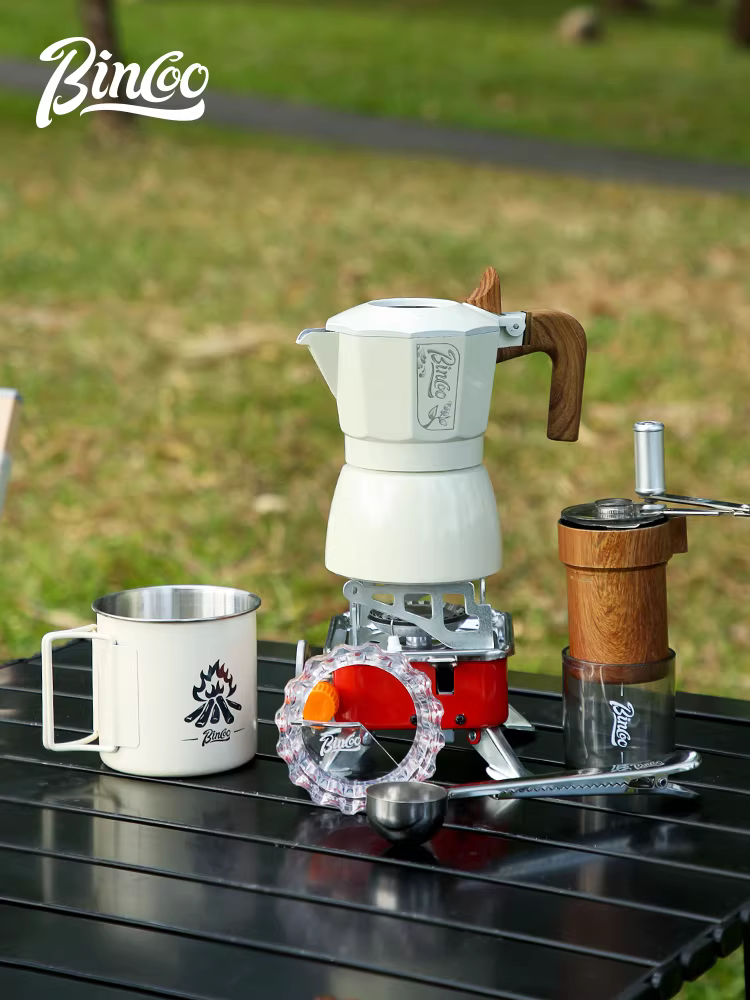 Bộ pha cà phê Bincoo du lịch ngoài trời, ấm pha cà phê moka hai van, thiết bị pha cà phê cắm trại, bộ pha cà phê di động đầy đủ