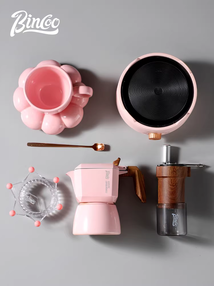 Bình pha cà phê moka hai van màu hồng Bincoo hình con chim, máy pha cà phê espresso nhỏ, dụng cụ pha cà phê, ấm pha cà phê