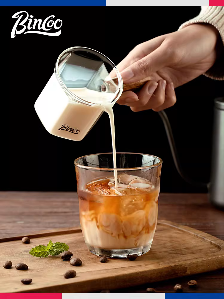 Ly cà phê Bincoo có vạch chia, cốc đo cà phê espresso, tay cầm bằng gỗ, bình sữa, cốc ounce