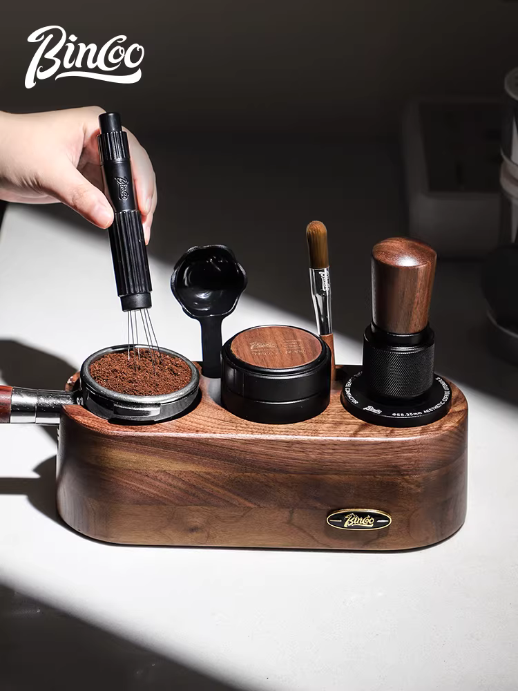 Bộ dụng cụ pha cà phê Bincoo bằng gỗ óc chó gồm đế, chày và hộp đựng cà phê, phù hợp với cỡ 51/58mm