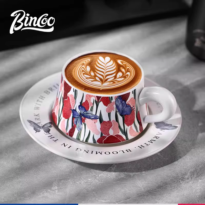 Bộ tách trà cà phê sứ Bincoo hình con bướm, chuyên dụng vẽ latte, kiểu Ý sáng tạo, cao cấp, tinh tế