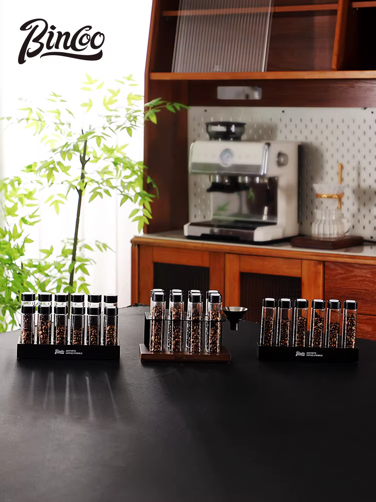 Giá để trưng bày cà phê hạt Bincoo dạng ống kín, chất liệu kính, di động, có van xả một chiều, chai đựng hương thơm