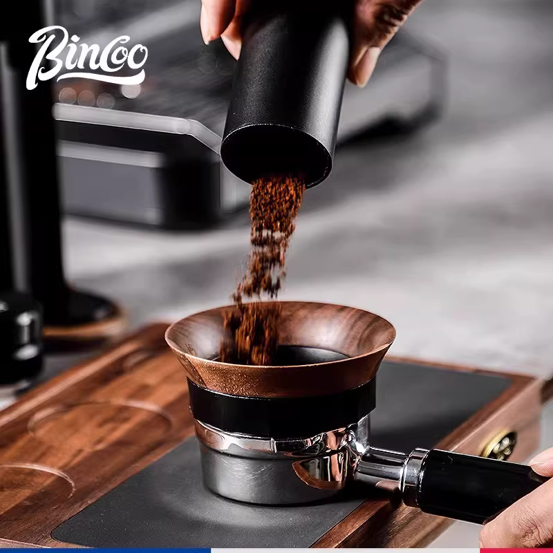 Vòng thu bột cà phê Bincoo, tay cầm thu bột từ tính, vòng vải chống bay bột gỗ óc chó 51/58mm