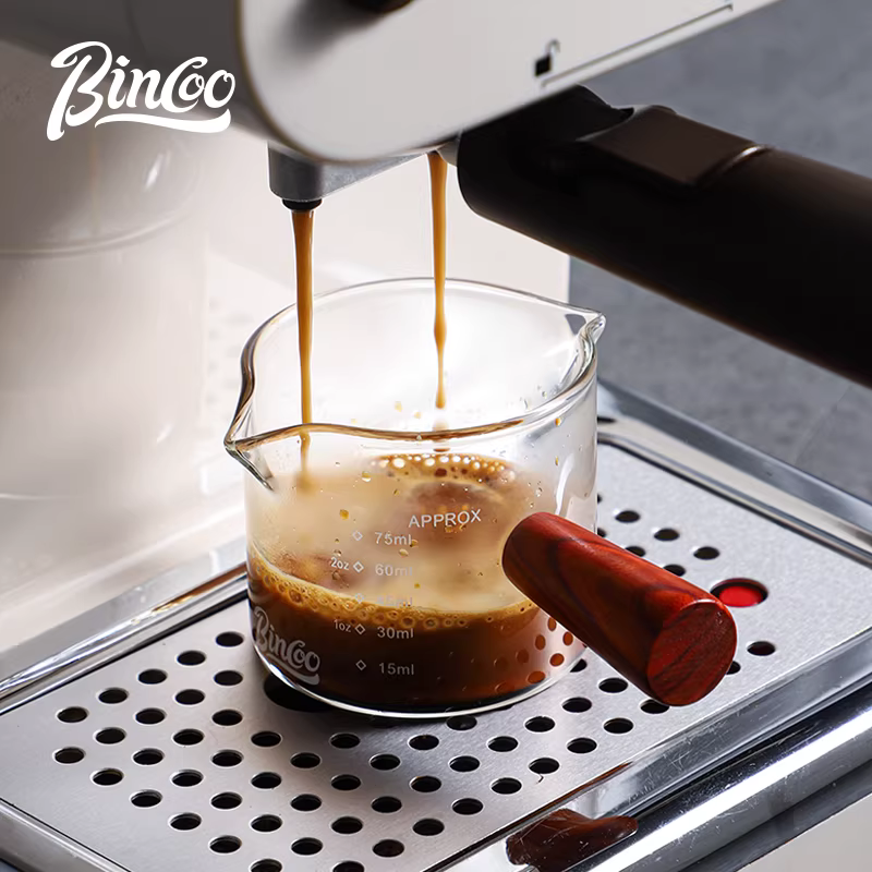 Cốc pha cà phê Ý Bincoo có cốc đong thủy tinh chia độ, cốc espresso, tay cầm bằng gỗ, bình sữa nhỏ, cốc ounce