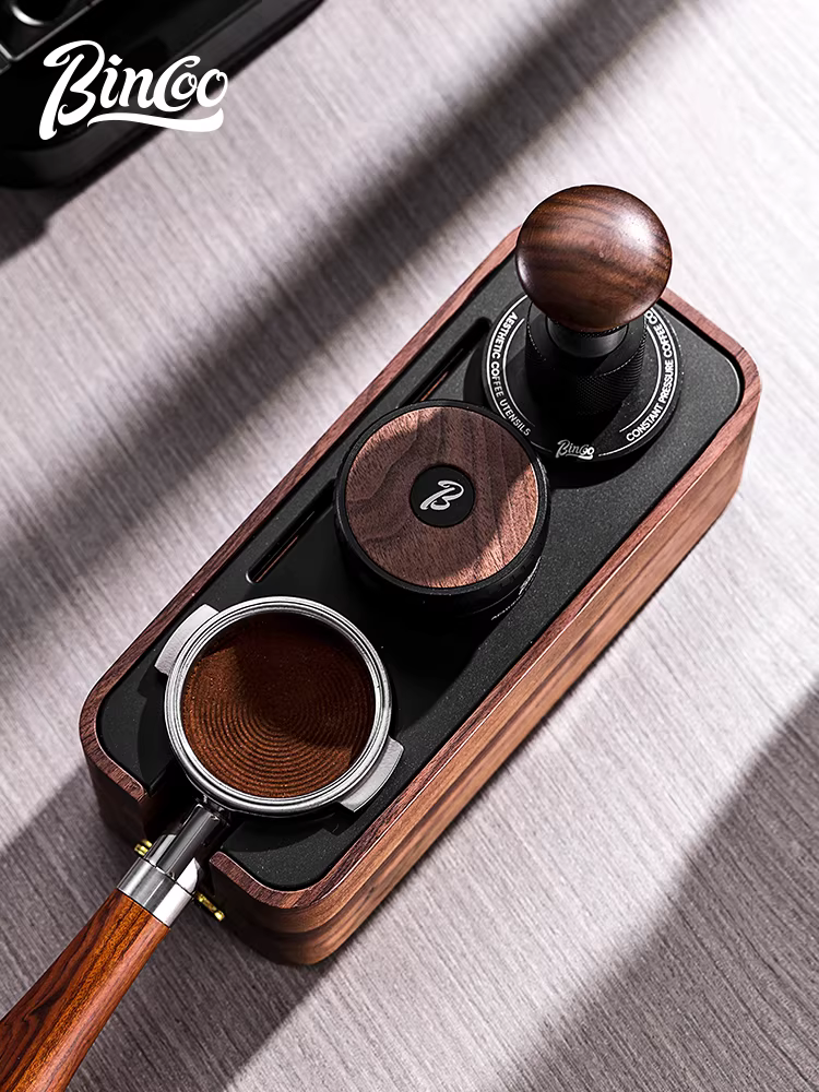 Bộ dụng cụ pha cà phê Bincoo bằng gỗ óc chó, gồm đế, dụng cụ phân phối cà phê, dụng cụ đập cà phê, kiểu Ý, đầy đủ phụ kiện kèm hộp đựng