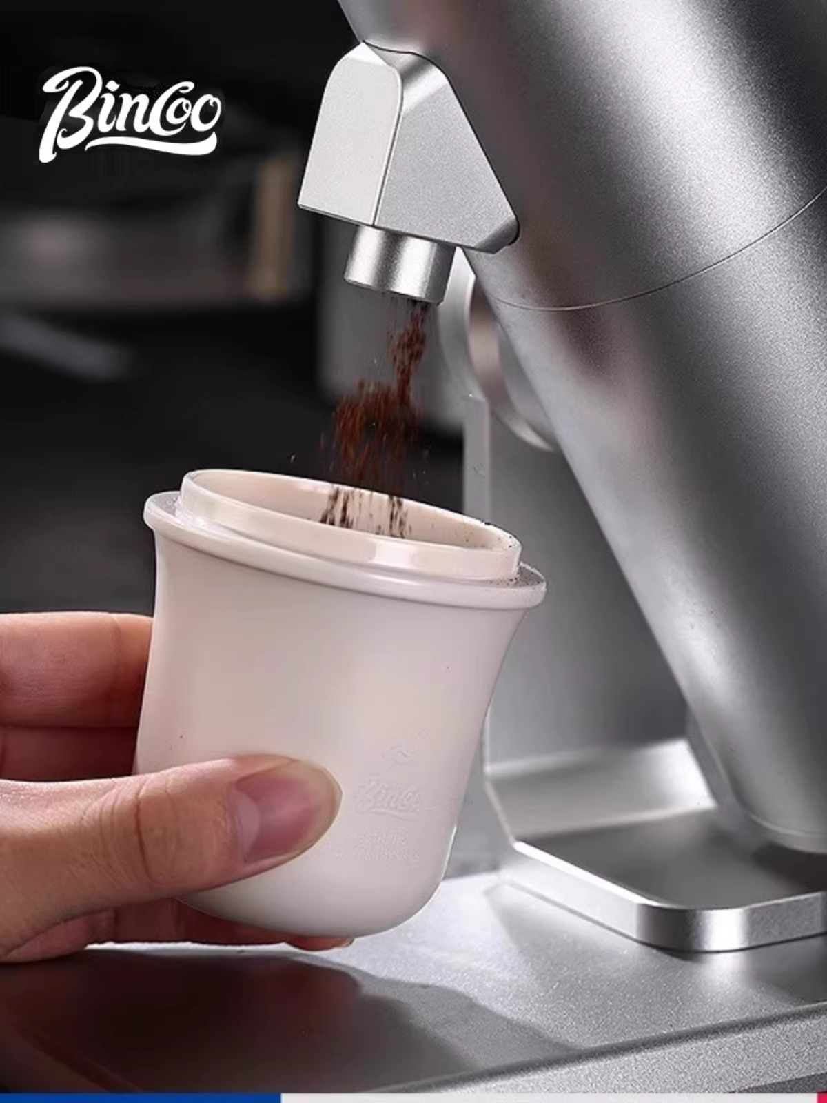 Cốc đựng bột cà phê Bincoo, cốc cân hạt cà phê kiểu Ý màu đen, cốc đựng bột chống bắn, cốc hương cà phê kiểu Ý, mờ.