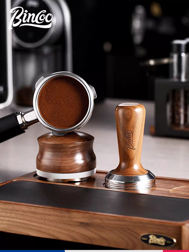 Bộ dụng cụ pha cà phê Ý Bincoo bằng gỗ óc chó, gồm 3 món, đa năng, có đế đỡ và miếng ép cà phê