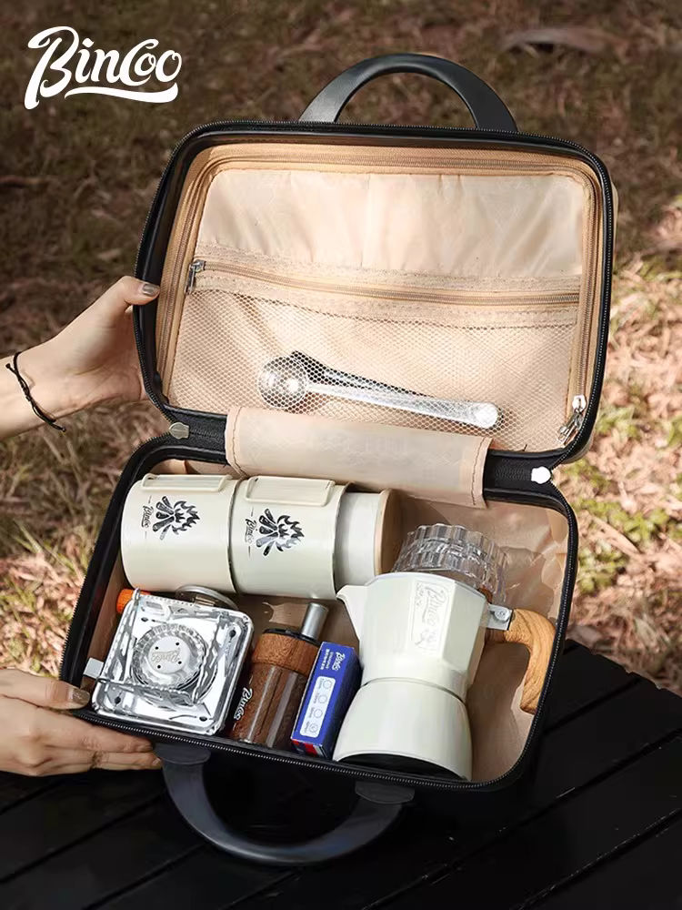 Bộ pha cà phê Moka Bincoo hai van, dùng ngoài trời, bộ dụng cụ pha cà phê kiểu Ý di động, kèm túi đựng