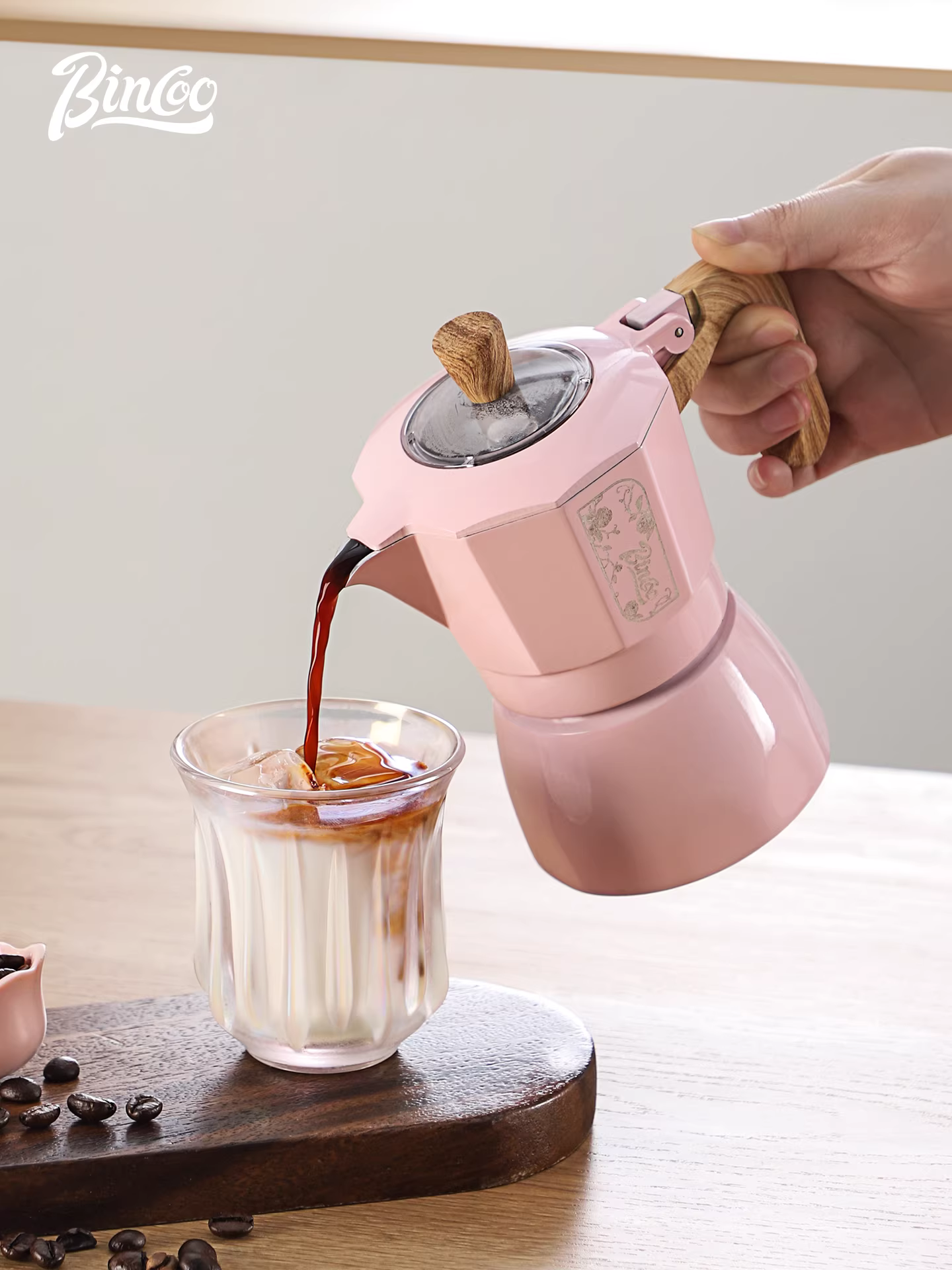 Bộ pha cà phê espresso nhỏ gia dụng Bincoo màu hồng, kiểu moka pot hai van, pha cà phê thủ công