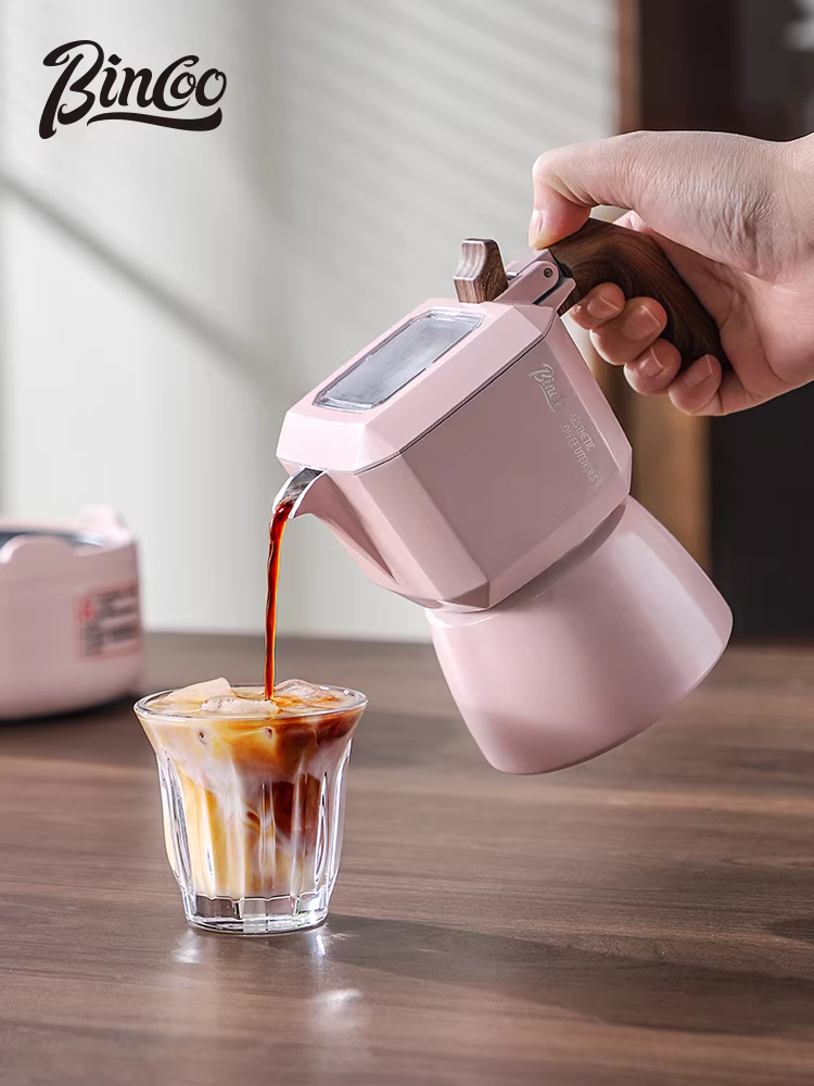 Bộ dụng cụ pha cà phê moka pot hai van màu hồng Bincoo, bộ quà tặng, máy pha cà phê nhỏ, công nghệ chiết xuất espresso