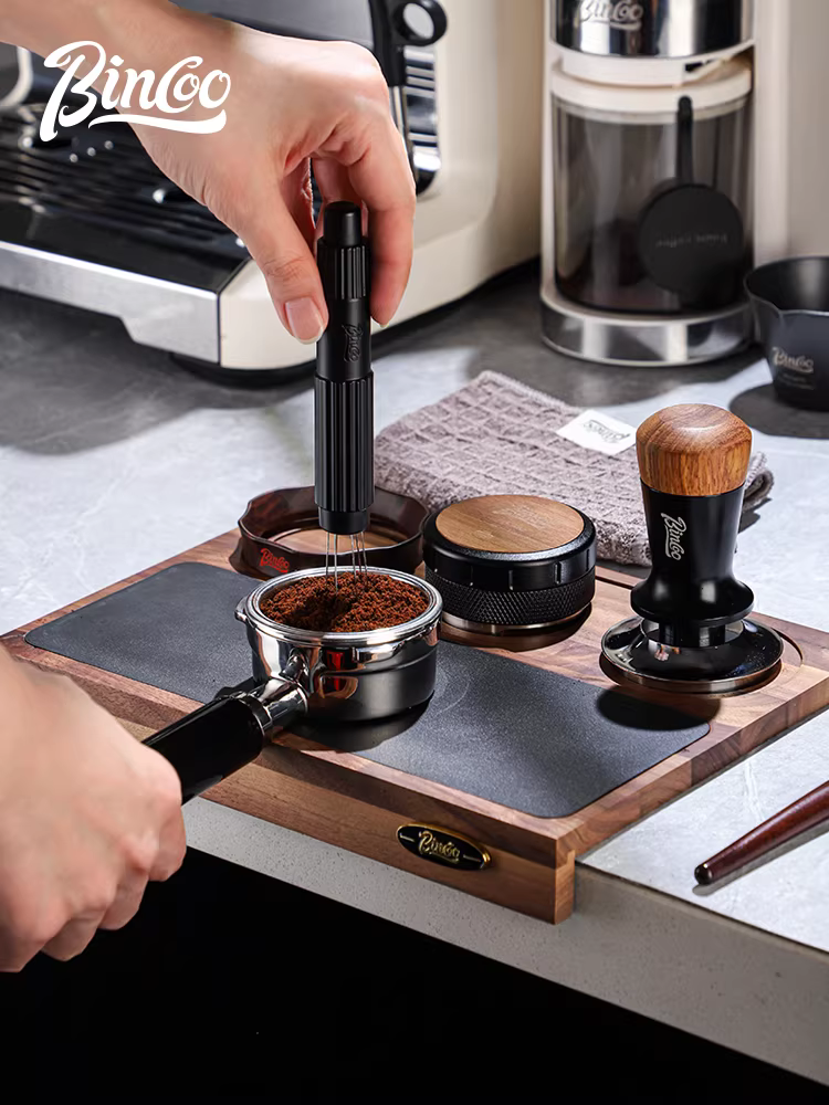 Bộ dụng cụ phân phối bột tamper kiểu Ý Bincoo, kèm tấm lót làm bằng gỗ óc chó, kích thước đa năng 51/58mm