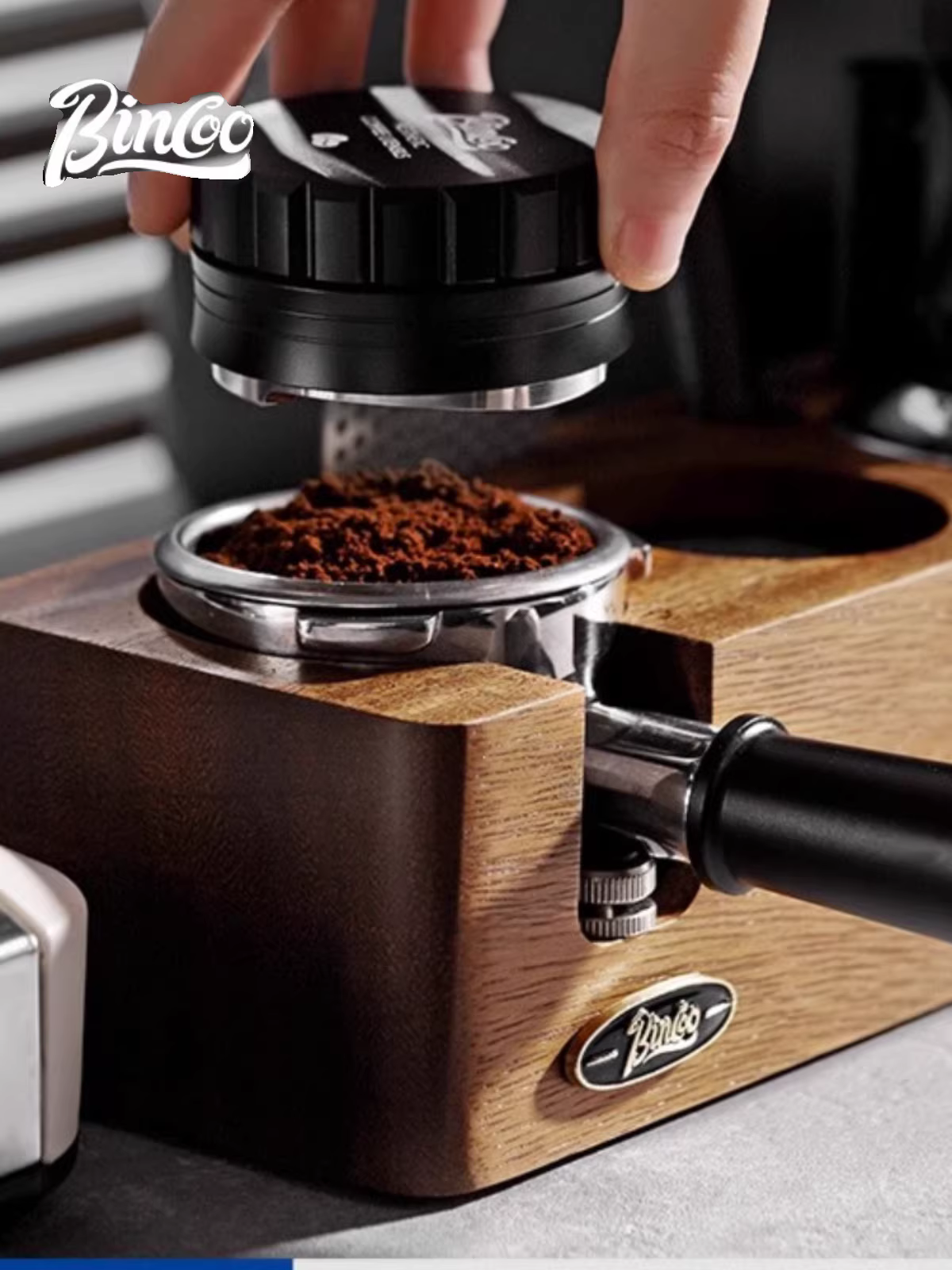 Bộ dụng cụ pha cà phê Bincoo bằng gỗ óc chó, gồm đế ép cà phê, búa ép cà phê, dụng cụ phân phối bột cà phê, bộ ba món kiểu Ý 51/58mm